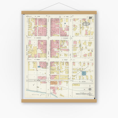 Old map wall art mockup — magnetic wood frame on white wall — Sanborn Fire Insurance Map from Mount Vernon, Knox County, Ohio (1913), Sheet #0018