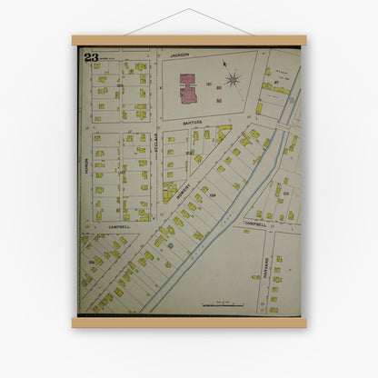 Old map wall art mockup — magnetic wood frame on white wall — Sanborn Fire Insurance Map from Akron, Summit County, Ohio (1892), Sheet #0023