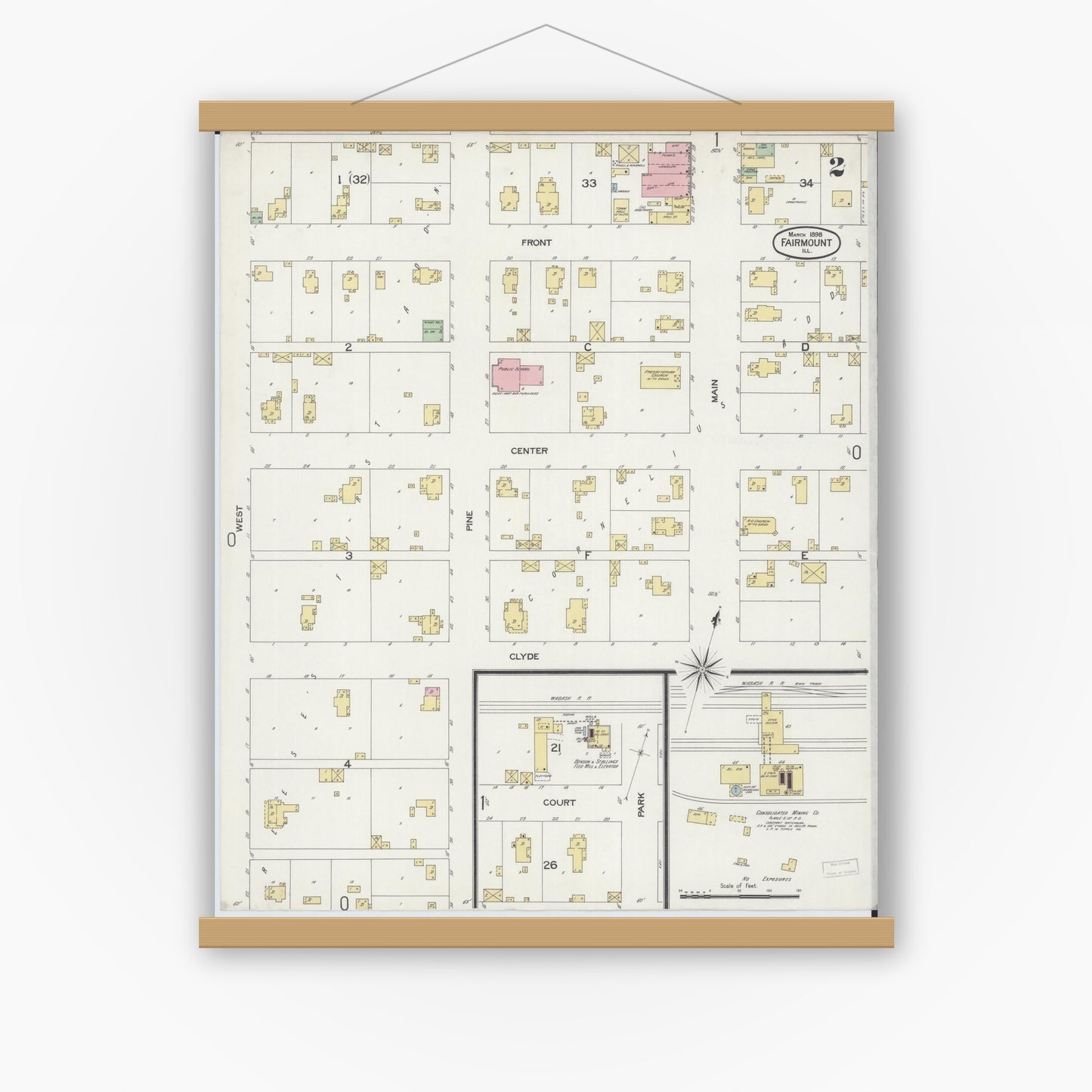 Old map wall art mockup — magnetic wood frame on white wall — Sanborn Fire Insurance Map from Fairmount, Vermilion County, Illinois (1898), Sheet #0002