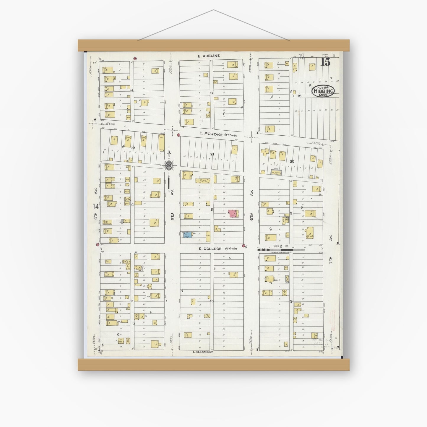 Old map wall art mockup — magnetic wood frame on white wall — Sanborn Fire Insurance Map from Hibbing, Saint Louis County, Minnesota (1921), Sheet #0015