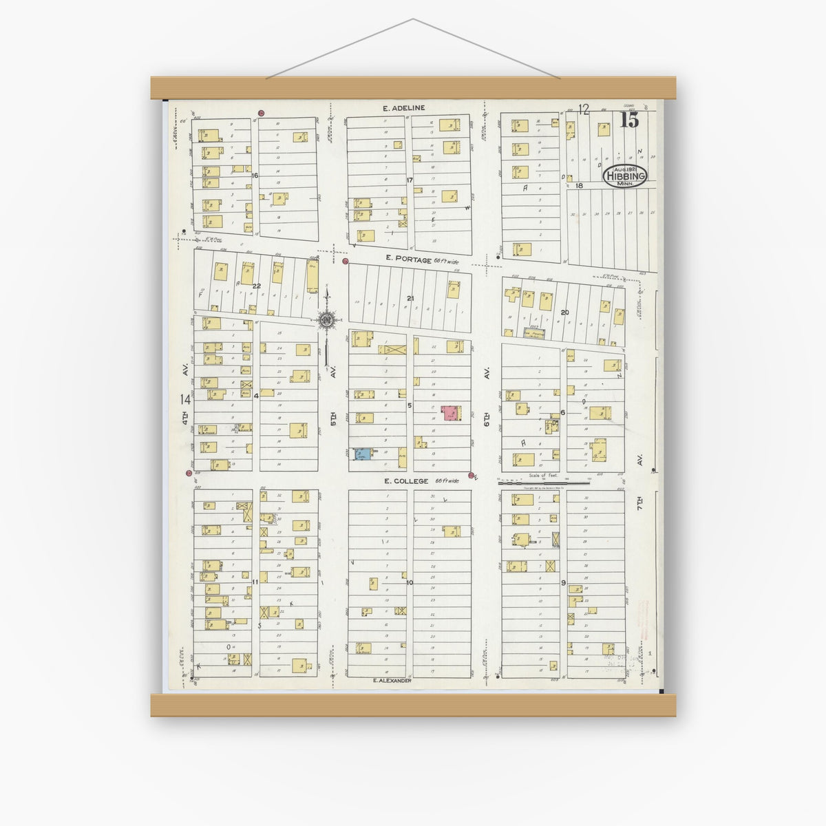 Old map wall art mockup — magnetic wood frame on white wall — Sanborn Fire Insurance Map from Hibbing, Saint Louis County, Minnesota (1921), Sheet #0015