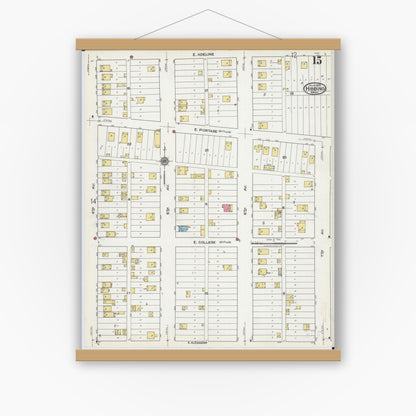 Old map wall art mockup — magnetic wood frame on white wall — Sanborn Fire Insurance Map from Hibbing, Saint Louis County, Minnesota (1921), Sheet #0015