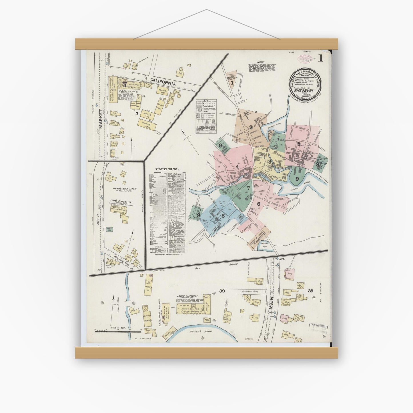 Old map wall art mockup — magnetic wood frame on white wall — Sanborn Fire Insurance Map from Amesbury, Essex County, Massachusetts (1889), Sheet #0001