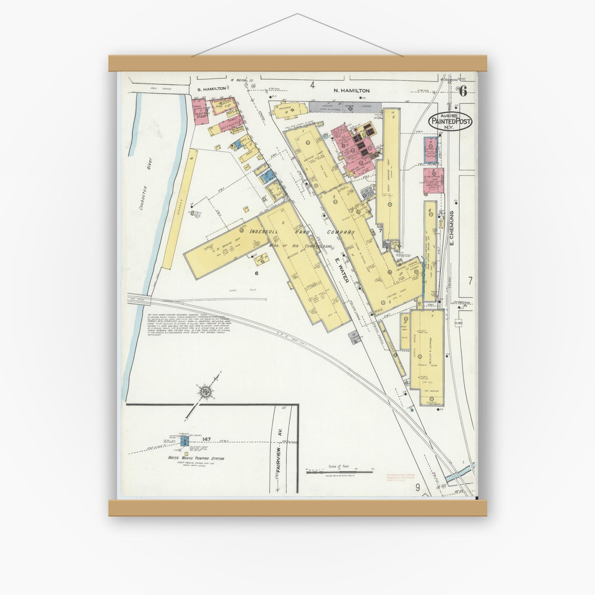 Old map wall art mockup — magnetic wood frame on white wall — Sanborn Fire Insurance Map from Painted Post, Steuben County, New York (1921), Sheet #0006