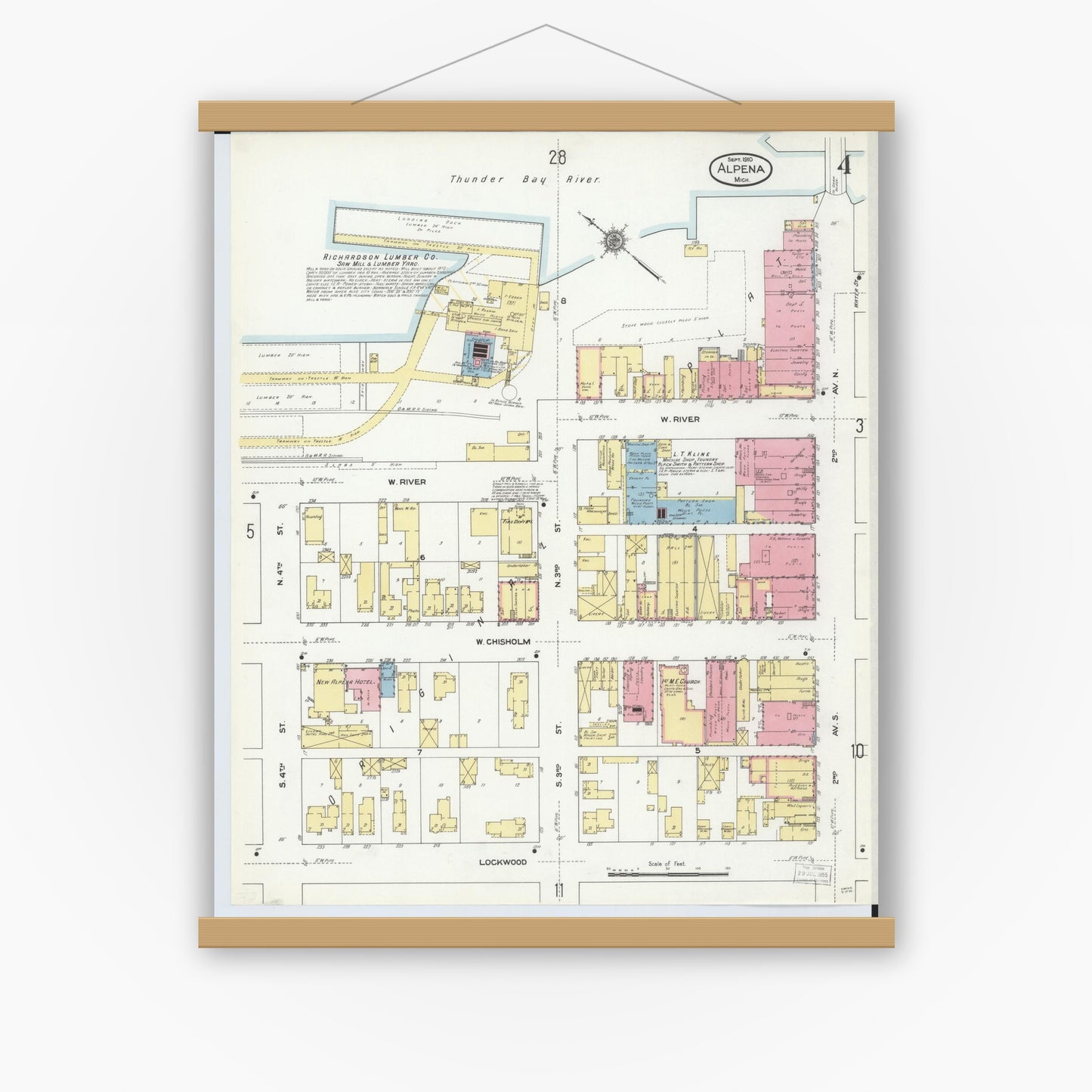 Old map wall art mockup — magnetic wood frame on white wall — Sanborn Fire Insurance Map from Alpena, Alpena County, Michigan (1910), Sheet #0004