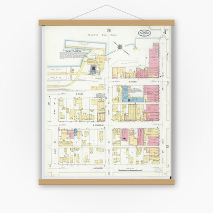 Old map wall art mockup — magnetic wood frame on white wall — Sanborn Fire Insurance Map from Alpena, Alpena County, Michigan (1910), Sheet #0004