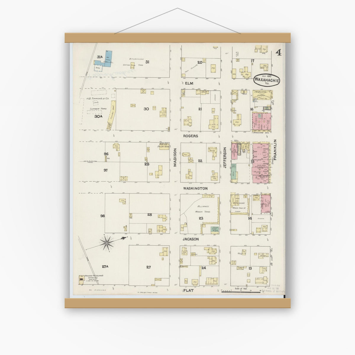 Old map wall art mockup — magnetic wood frame on white wall — Sanborn Fire Insurance Map from Waxahachie, Ellis County, Texas (1890), Sheet #0004