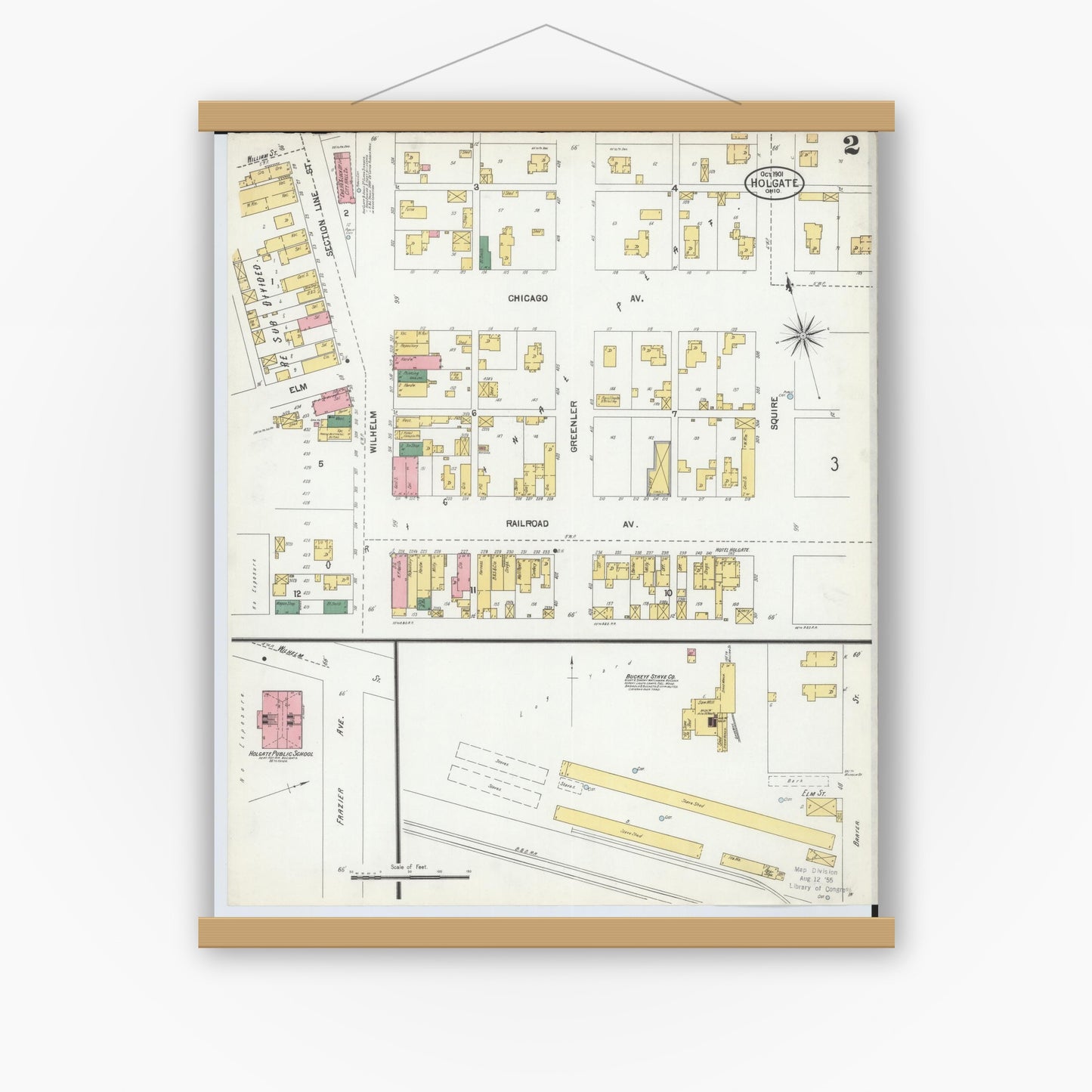 Old map wall art mockup — magnetic wood frame on white wall — Sanborn Fire Insurance Map from Holgate, Henry County, Ohio (1901), Sheet #0002