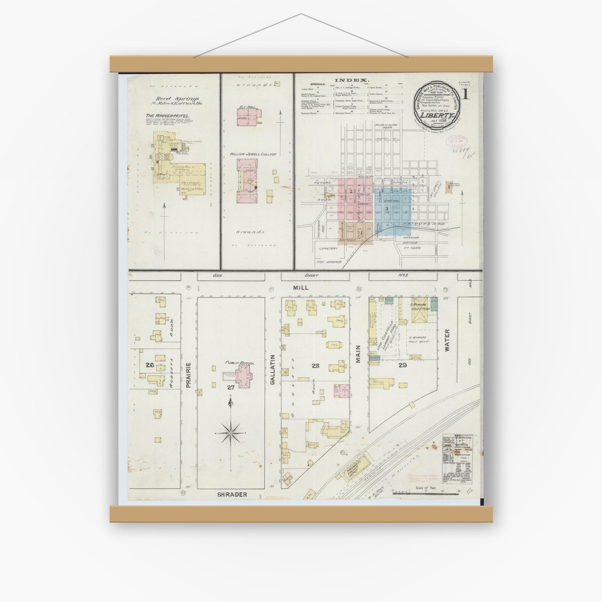 Old map wall art mockup — magnetic wood frame on white wall — Sanborn Fire Insurance Map from Liberty, Clay County, Missouri (1889) - Complete Map Set