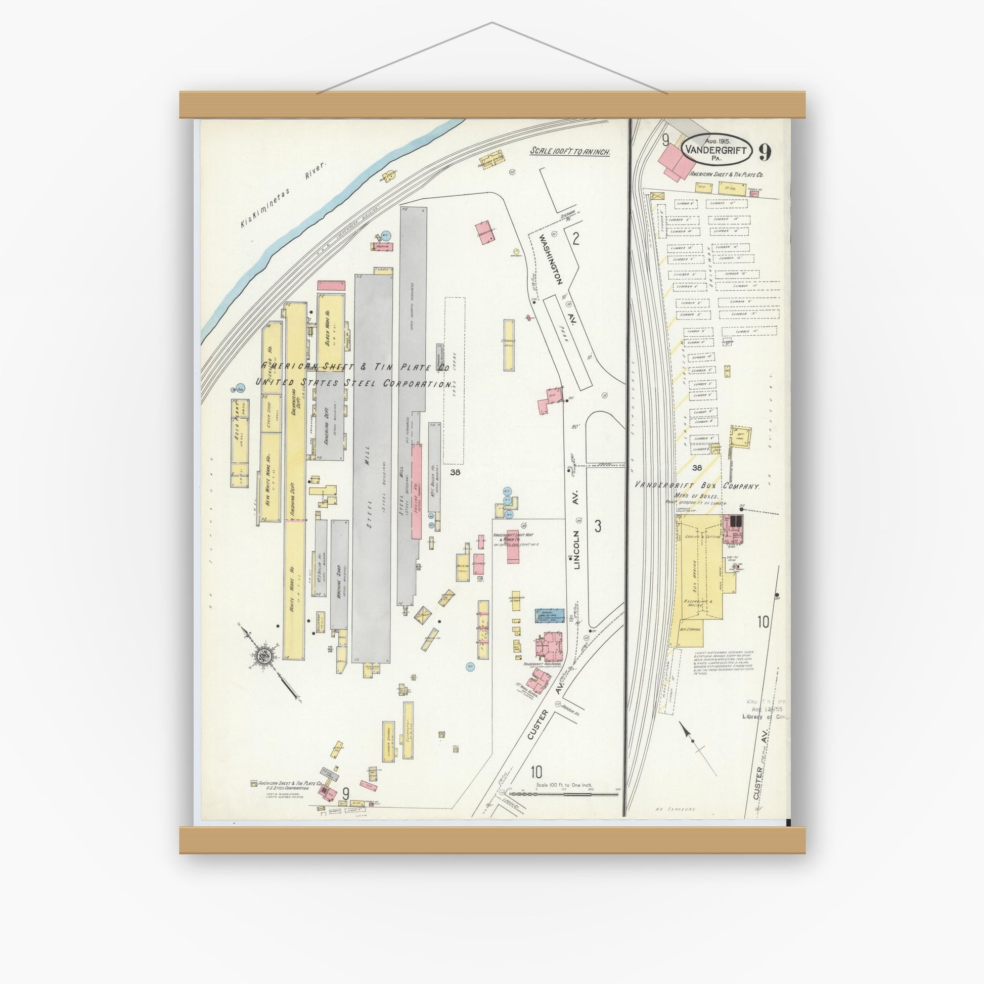 Old map wall art mockup — magnetic wood frame on white wall — Sanborn Fire Insurance Map from Vandergrift, Westmoreland County, Pennsylvania (1915), Sheet #0009