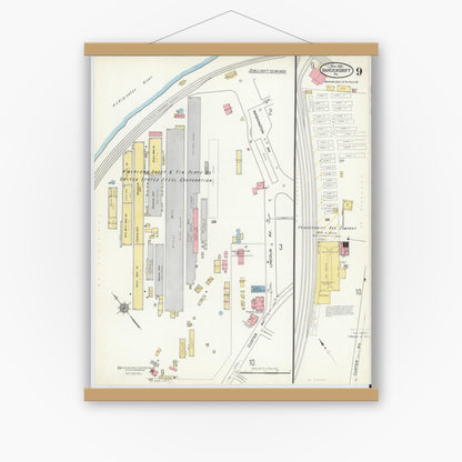 Old map wall art mockup — magnetic wood frame on white wall — Sanborn Fire Insurance Map from Vandergrift, Westmoreland County, Pennsylvania (1915), Sheet #0009