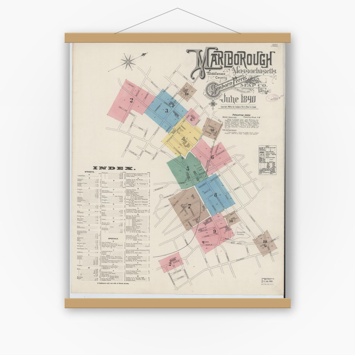 Old map wall art mockup — magnetic wood frame on white wall — Sanborn Fire Insurance Map from Marlborough, Middlesex County, Massachusetts (1890) - Complete Map Set