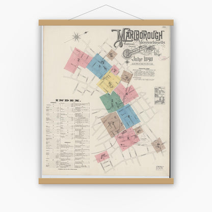 Old map wall art mockup — magnetic wood frame on white wall — Sanborn Fire Insurance Map from Marlborough, Middlesex County, Massachusetts (1890) - Complete Map Set
