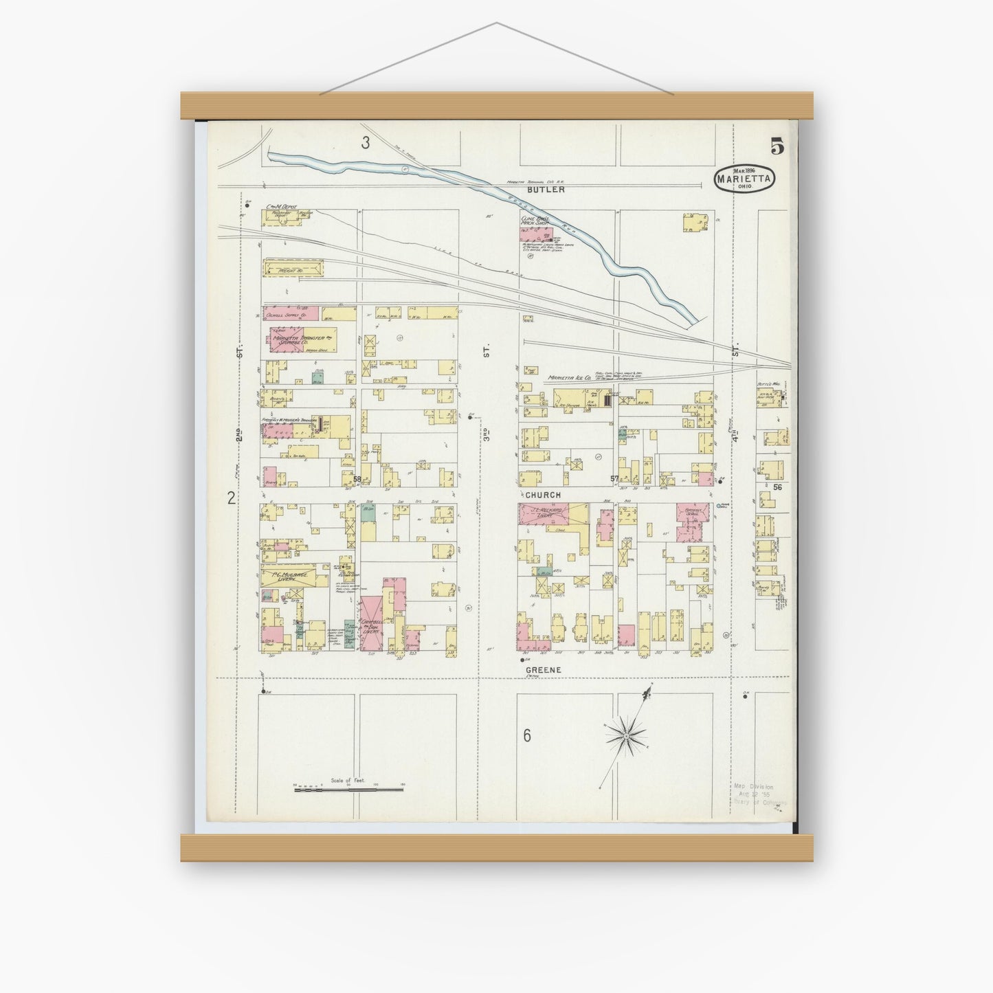 Old map wall art mockup — magnetic wood frame on white wall — Sanborn Fire Insurance Map from Marietta, Washington County, Ohio (1896), Sheet #0005