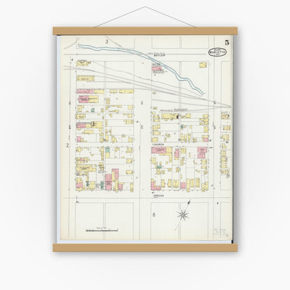 Old map wall art mockup — magnetic wood frame on white wall — Sanborn Fire Insurance Map from Marietta, Washington County, Ohio (1896), Sheet #0005