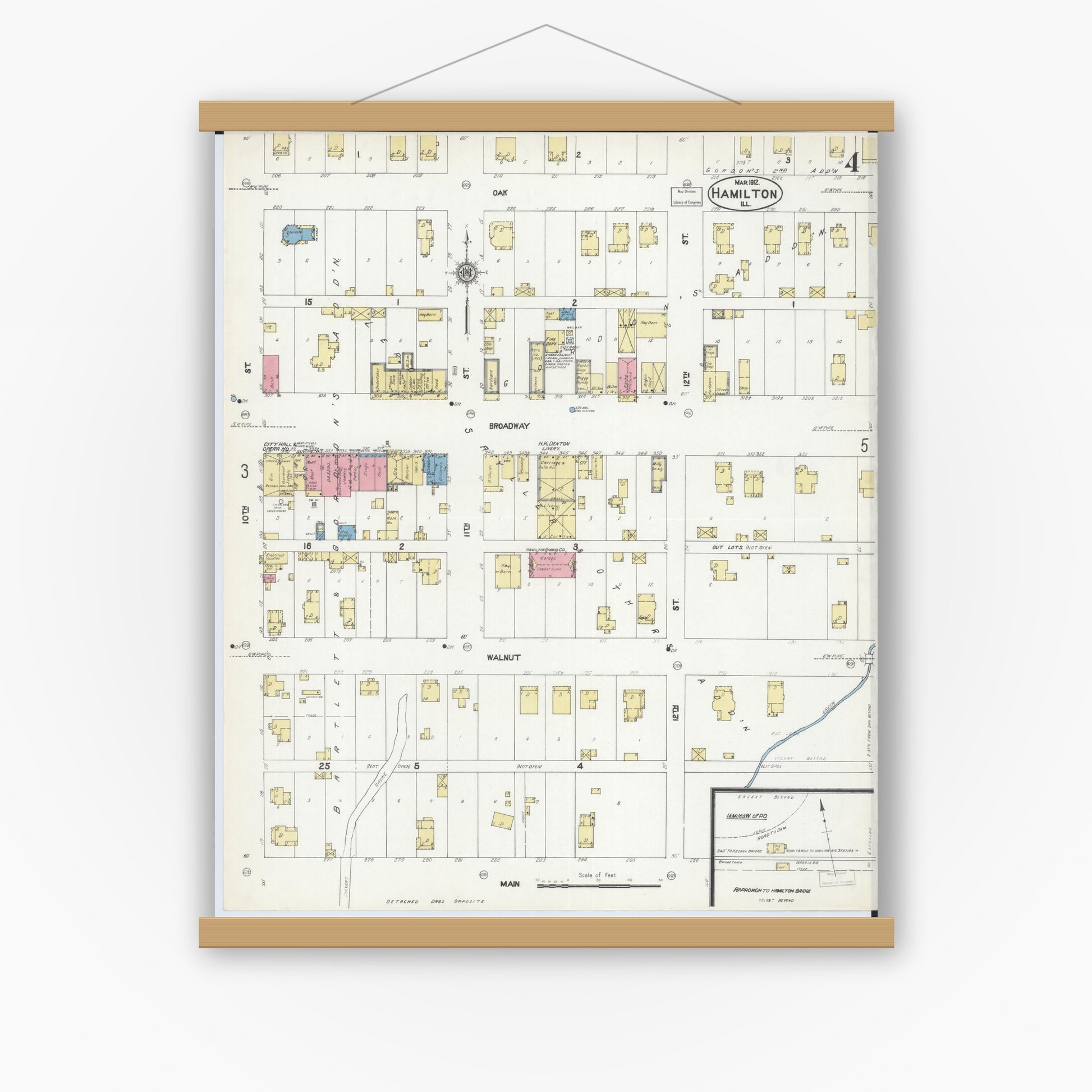 Old map wall art mockup — magnetic wood frame on white wall — Sanborn Fire Insurance Map from Hamilton, Hancock County, Illinois (1912), Sheet #0004