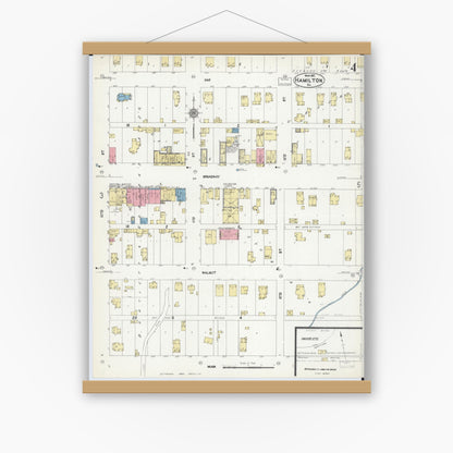 Old map wall art mockup — magnetic wood frame on white wall — Sanborn Fire Insurance Map from Hamilton, Hancock County, Illinois (1912), Sheet #0004