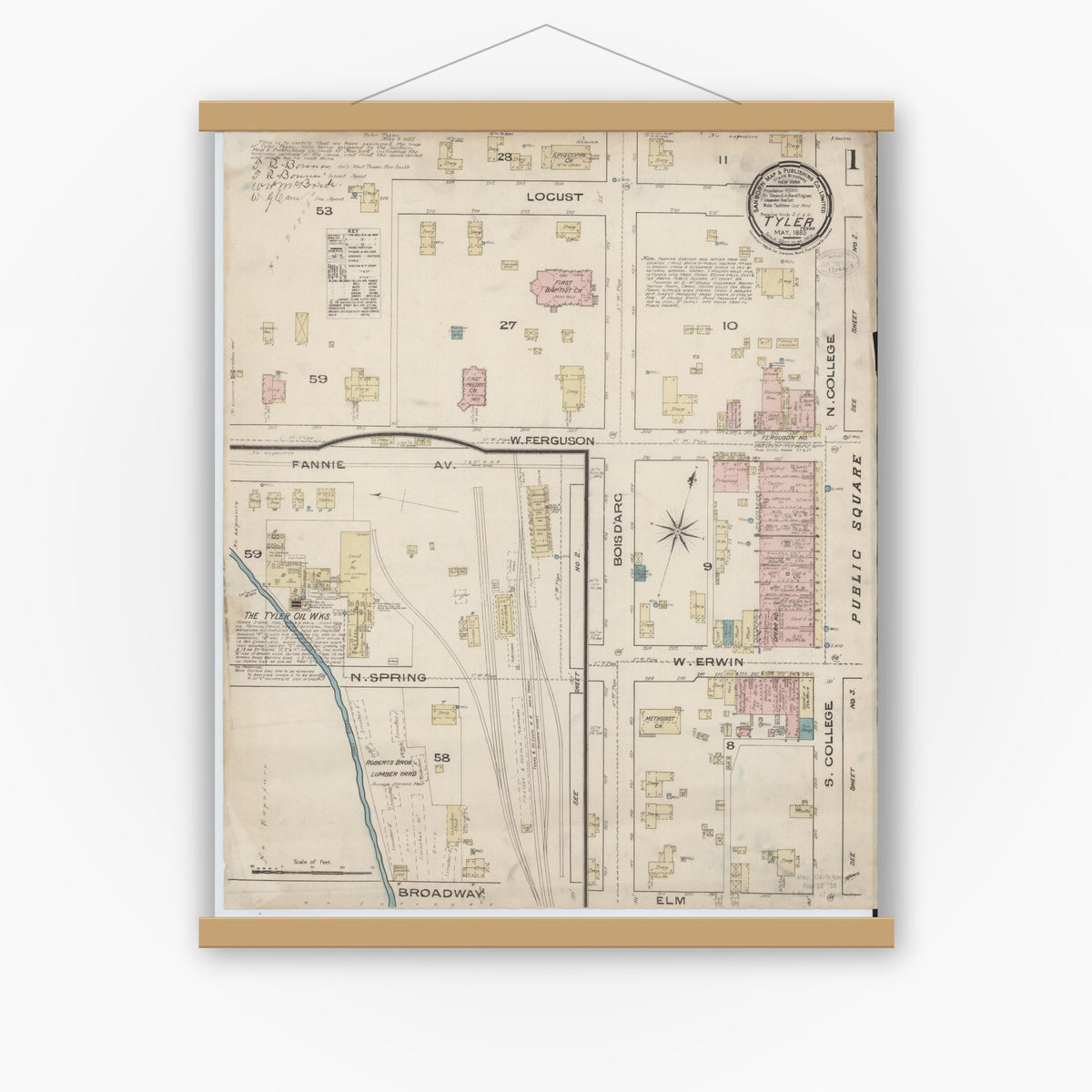 Old map wall art mockup — magnetic wood frame on white wall — Sanborn Fire Insurance Map from Tyler, Smith County, Texas (1885), Sheet #0001