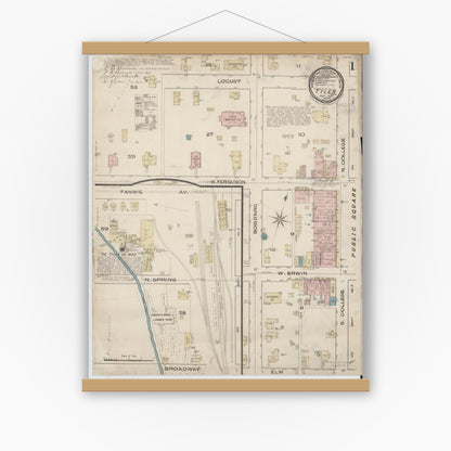 Old map wall art mockup — magnetic wood frame on white wall — Sanborn Fire Insurance Map from Tyler, Smith County, Texas (1885), Sheet #0001