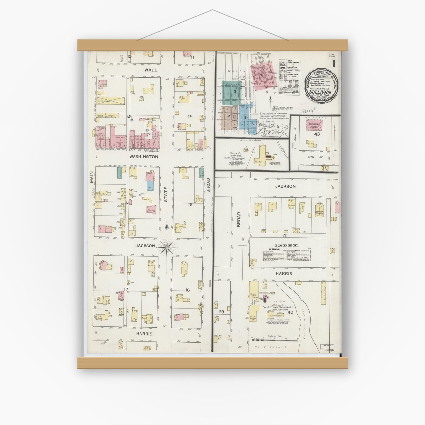 Old map wall art mockup — magnetic wood frame on white wall — Sanborn Fire Insurance Map from Sullivan, Sullivan County, Indiana (1892) - Complete Map Set