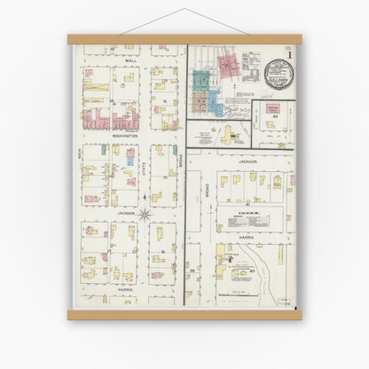 Old map wall art mockup — magnetic wood frame on white wall — Sanborn Fire Insurance Map from Sullivan, Sullivan County, Indiana (1892) - Complete Map Set