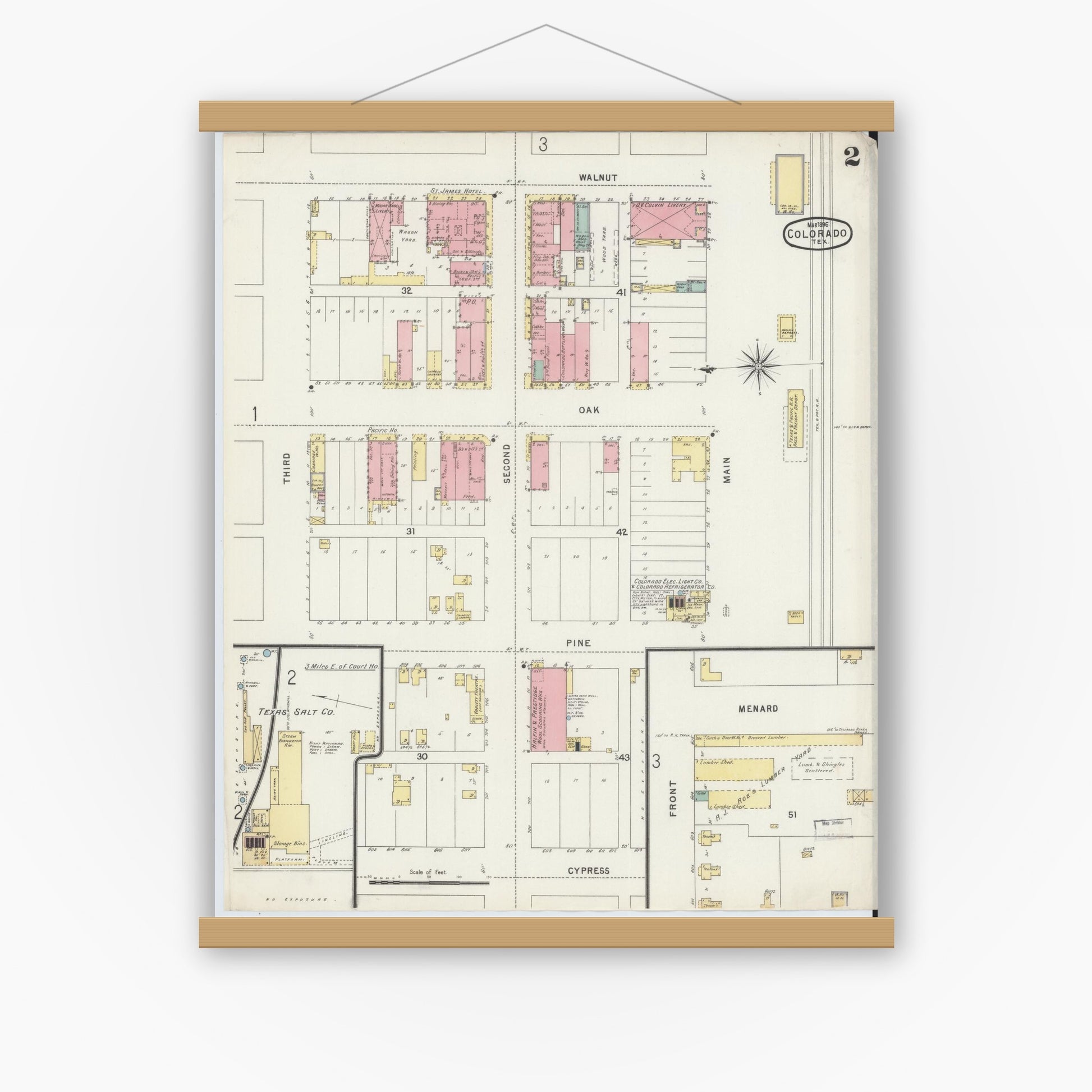 Old map wall art mockup — magnetic wood frame on white wall — Sanborn Fire Insurance Map from Colorado, Mitchell County, Texas (1896), Sheet #0002