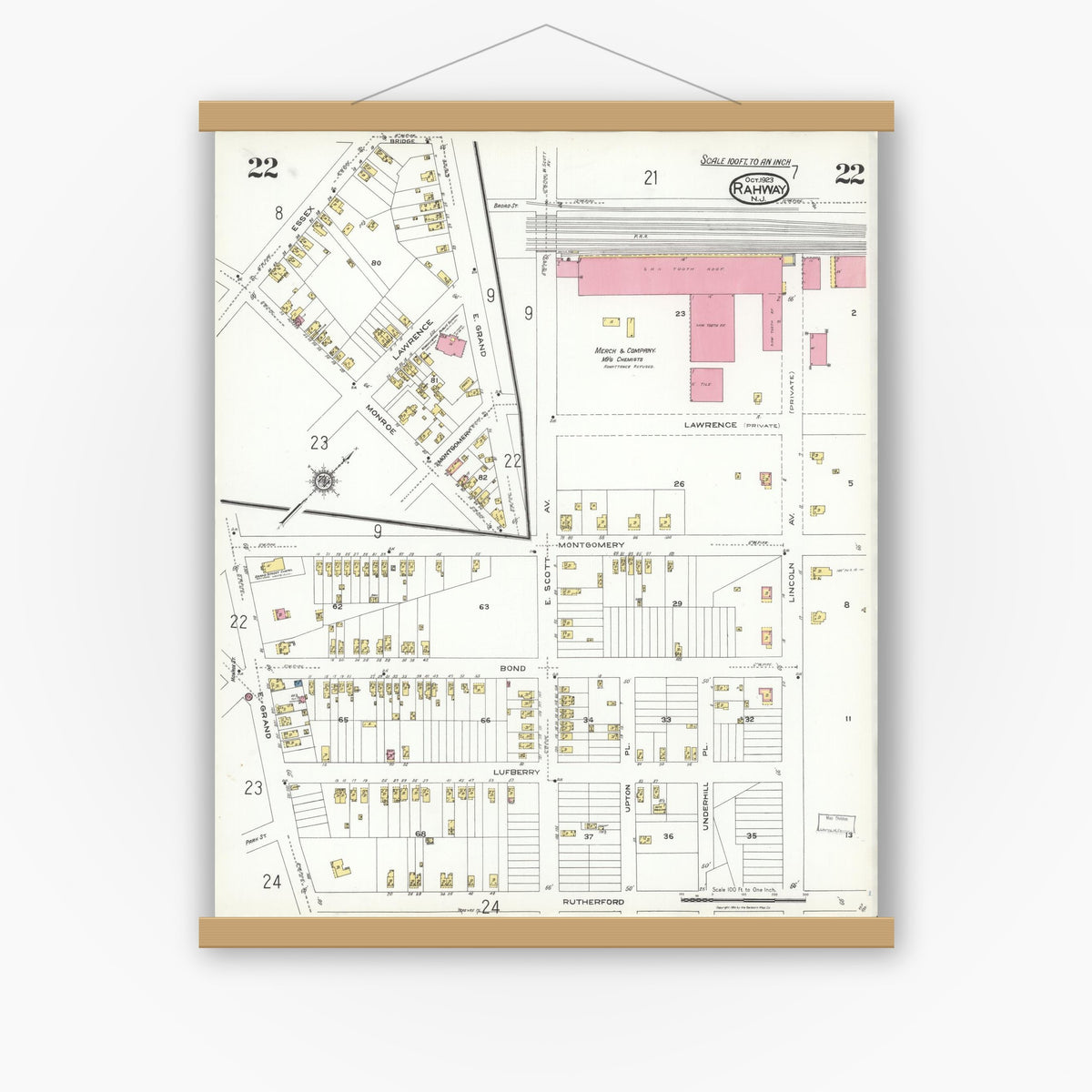 Old map wall art mockup — magnetic wood frame on white wall — Sanborn Fire Insurance Map from Rahway, Union County, New Jersey (1923), Sheet #0022