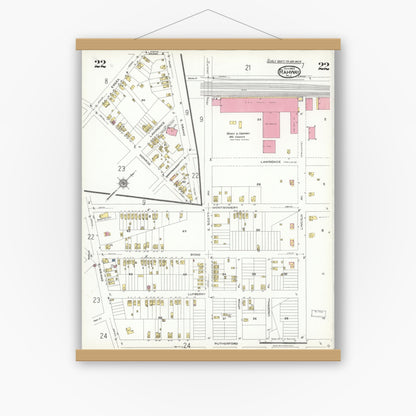 Old map wall art mockup — magnetic wood frame on white wall — Sanborn Fire Insurance Map from Rahway, Union County, New Jersey (1923), Sheet #0022