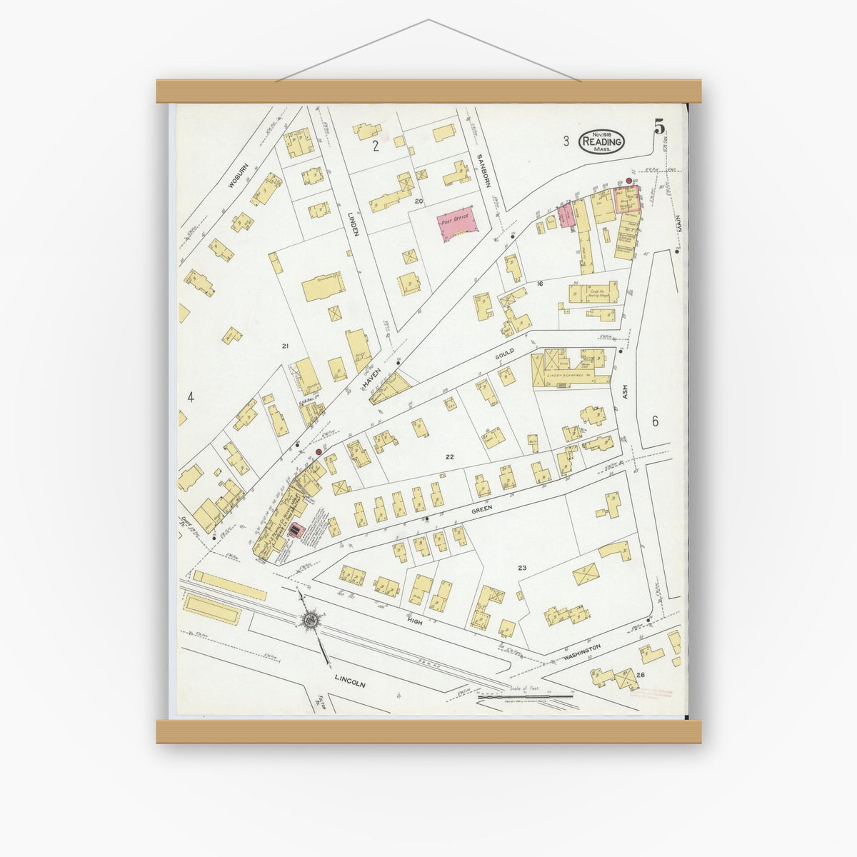 Old map wall art mockup — magnetic wood frame on white wall — Sanborn Fire Insurance Map from Reading, Middlesex County, Massachusetts (1918), Sheet #0005