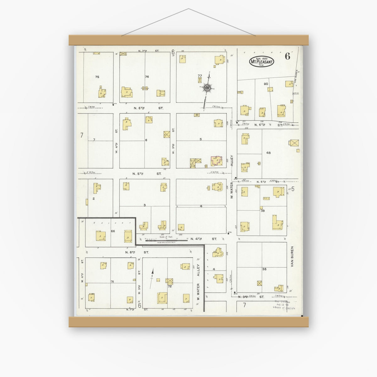 Old map wall art mockup — magnetic wood frame on white wall — Sanborn Fire Insurance Map from Mount Pleasant, Titus County, Texas (1920), Sheet #0006