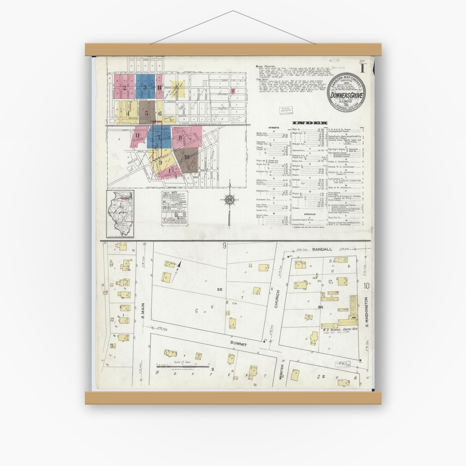 Old map wall art mockup — magnetic wood frame on white wall — Sanborn Fire Insurance Map from Downers Grove, Dupage County, Illinois (1921) - Complete Map Set