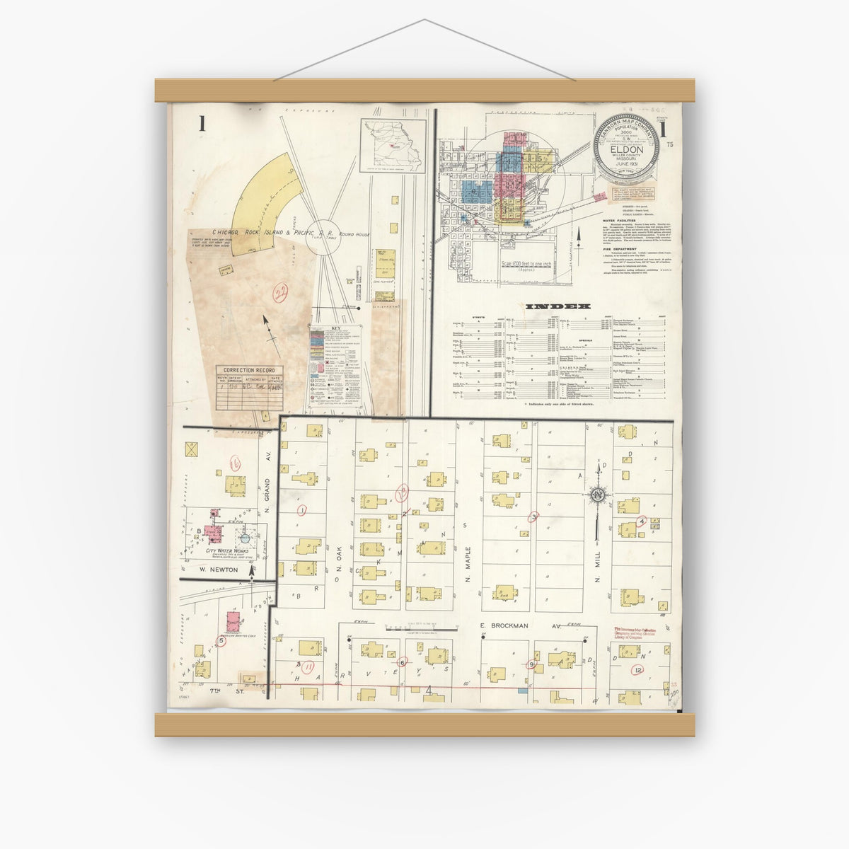 Old map wall art mockup — magnetic wood frame on white wall — Sanborn Fire Insurance Map from Eldon, Miller County, Missouri (1941) - Complete Map Set