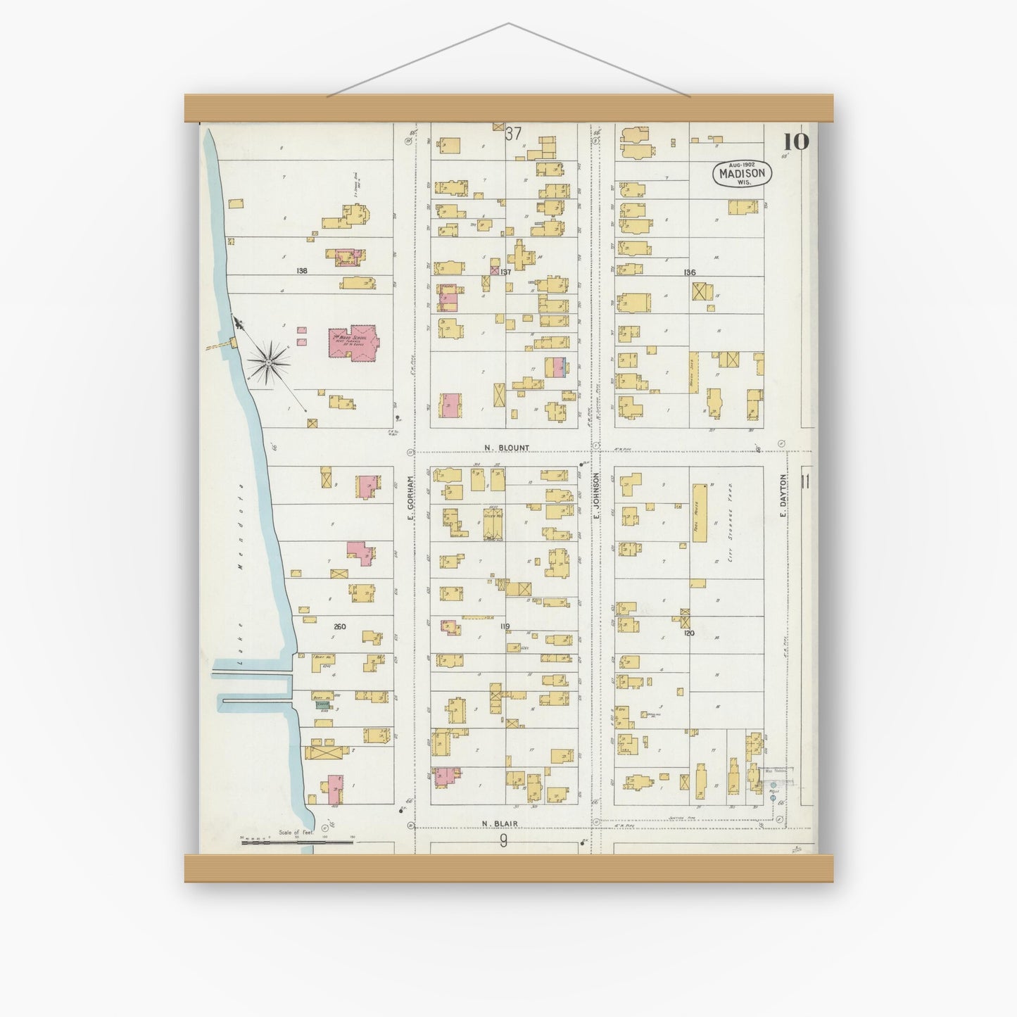 Old map wall art mockup — magnetic wood frame on white wall — Sanborn Fire Insurance Map from Madison, Dane County, Wisconsin (1902), Sheet #0010