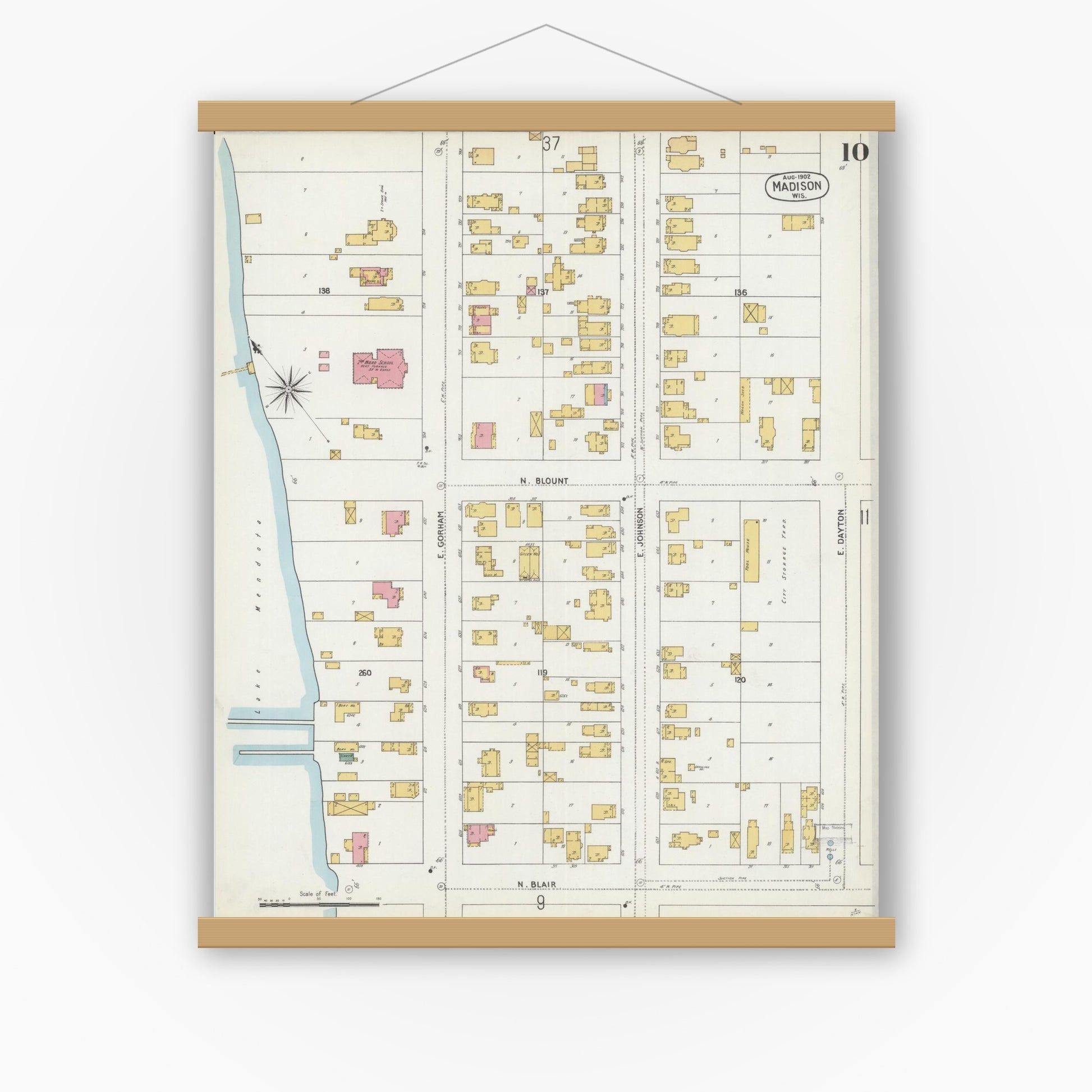 Old map wall art mockup — magnetic wood frame on white wall — Sanborn Fire Insurance Map from Madison, Dane County, Wisconsin (1902), Sheet #0010