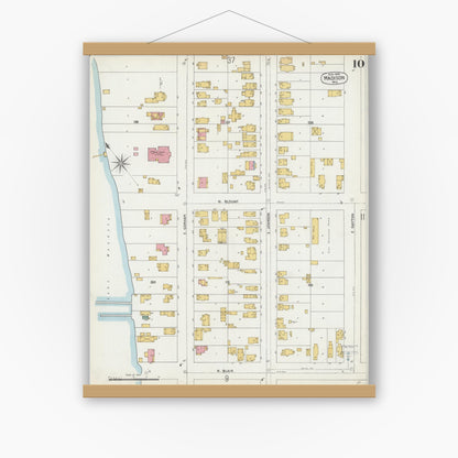 Old map wall art mockup — magnetic wood frame on white wall — Sanborn Fire Insurance Map from Madison, Dane County, Wisconsin (1902), Sheet #0010