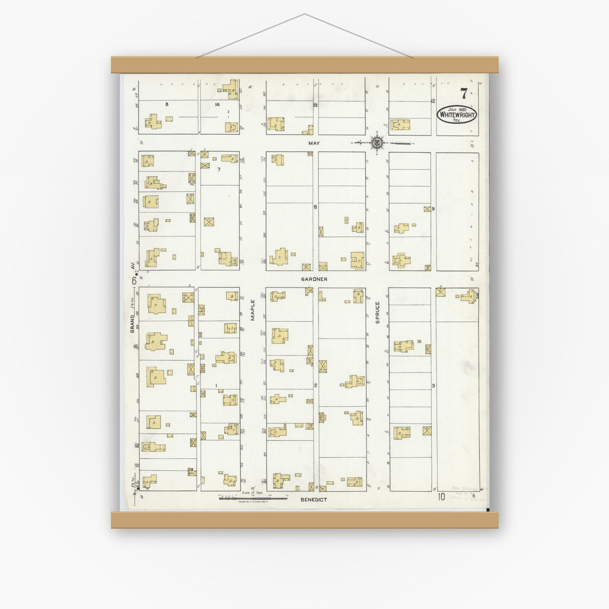Old map wall art mockup — magnetic wood frame on white wall — Sanborn Fire Insurance Map from Whitewright, Grayson County, Texas (1920), Sheet #0007