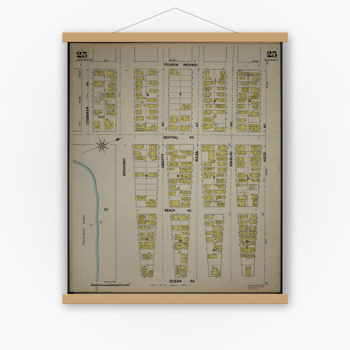 Old map wall art mockup — magnetic wood frame on white wall — Sanborn Fire Insurance Map from New Jersey Coast, New Jersey Coast, New Jersey (1890), Sheet #0025