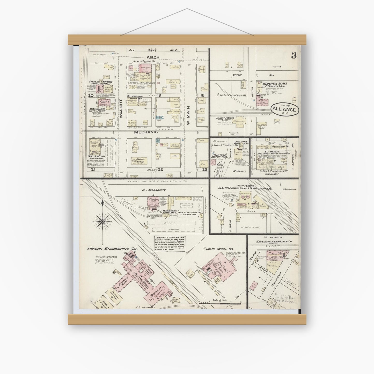 Old map wall art mockup — magnetic wood frame on white wall — Sanborn Fire Insurance Map from Alliance, Stark County, Ohio (1884), Sheet #0003