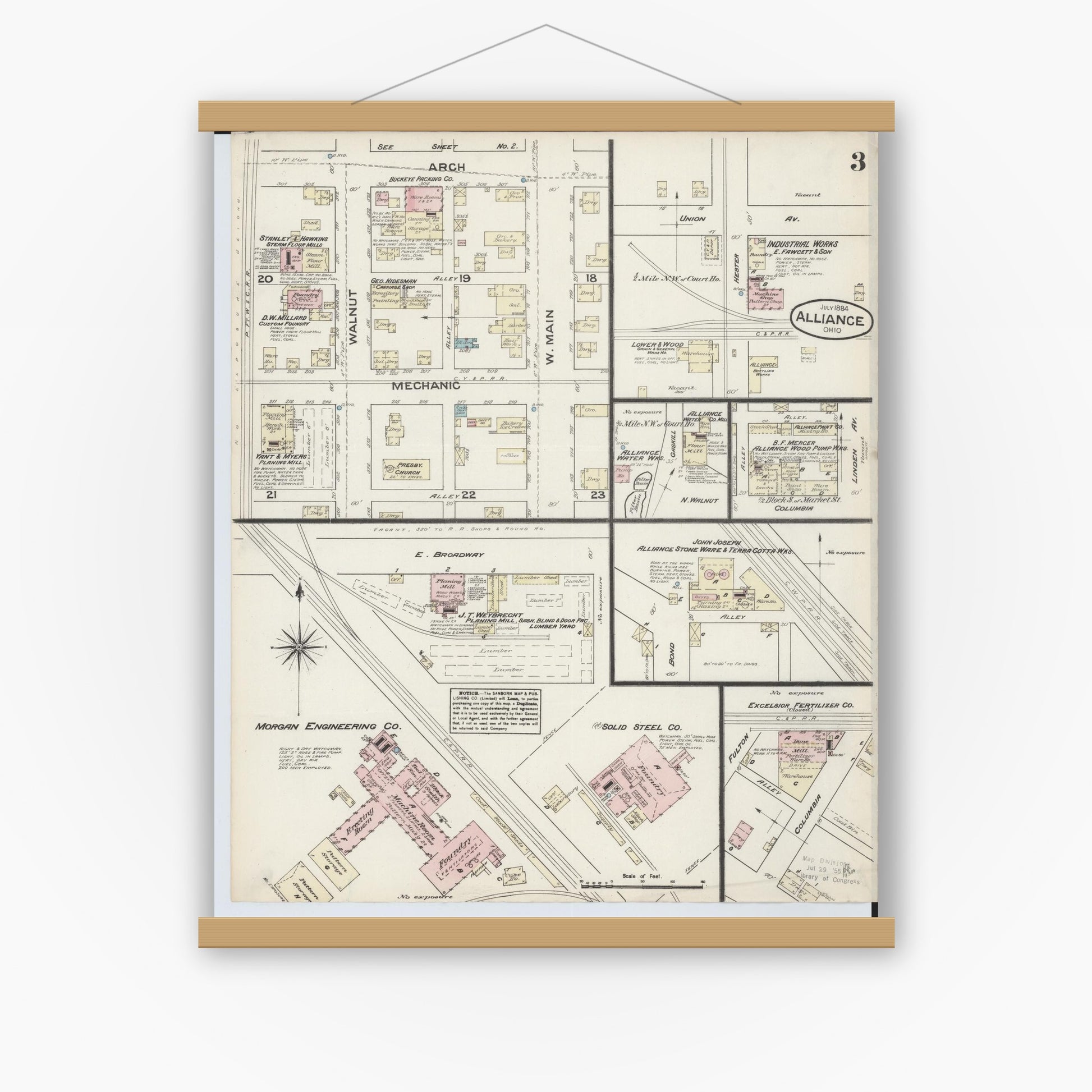 Old map wall art mockup — magnetic wood frame on white wall — Sanborn Fire Insurance Map from Alliance, Stark County, Ohio (1884), Sheet #0003