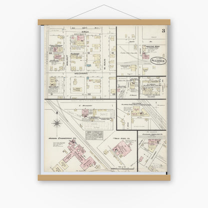 Old map wall art mockup — magnetic wood frame on white wall — Sanborn Fire Insurance Map from Alliance, Stark County, Ohio (1884), Sheet #0003
