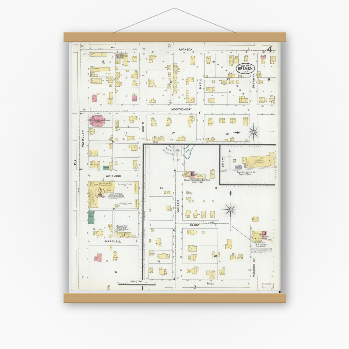 Old map wall art mockup — magnetic wood frame on white wall — Sanborn Fire Insurance Map from Bremen, Marshall County, Indiana (1905), Sheet #0004
