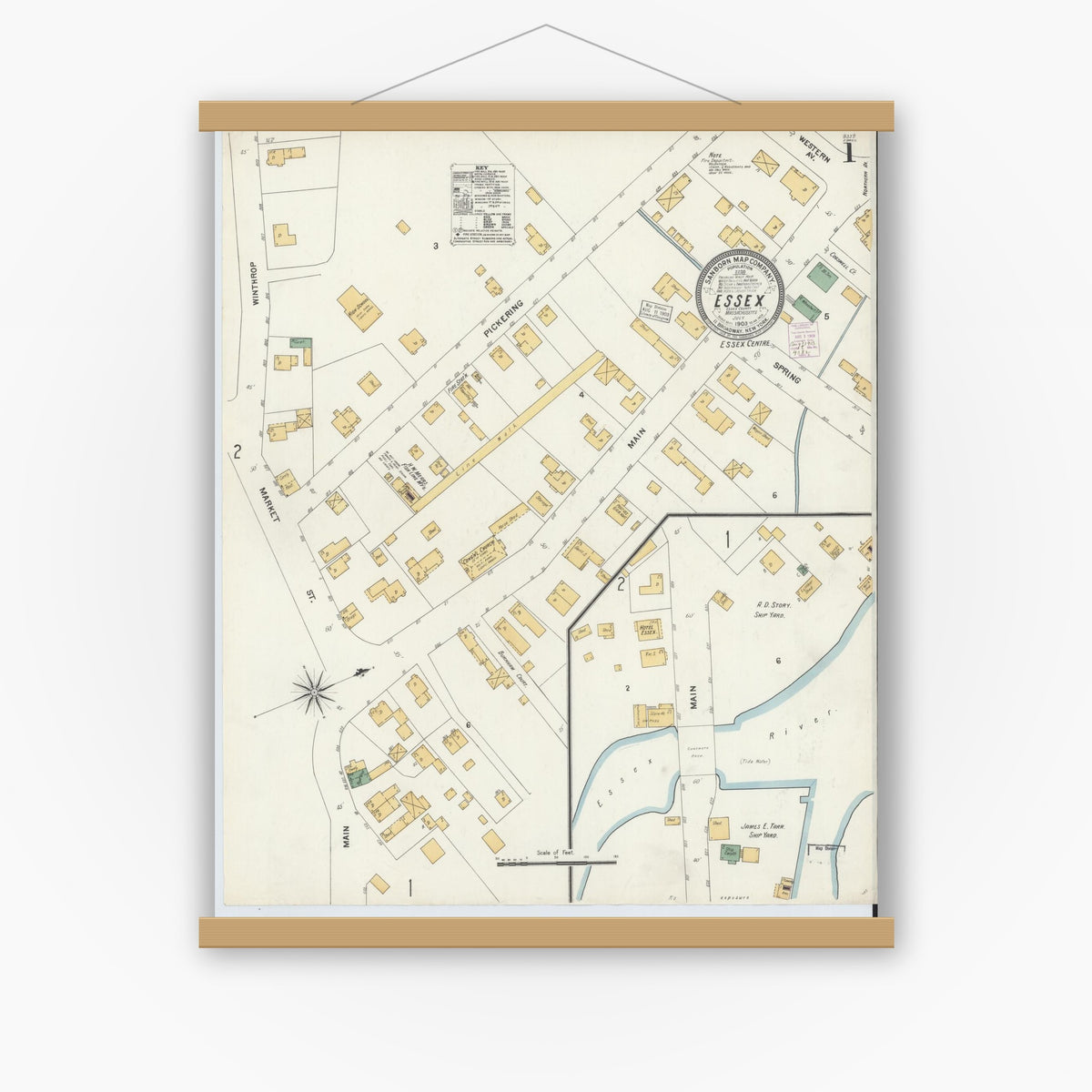 Old map wall art mockup — magnetic wood frame on white wall — Sanborn Fire Insurance Map from Essex, Essex County, Massachusetts (1903), Sheet #0001