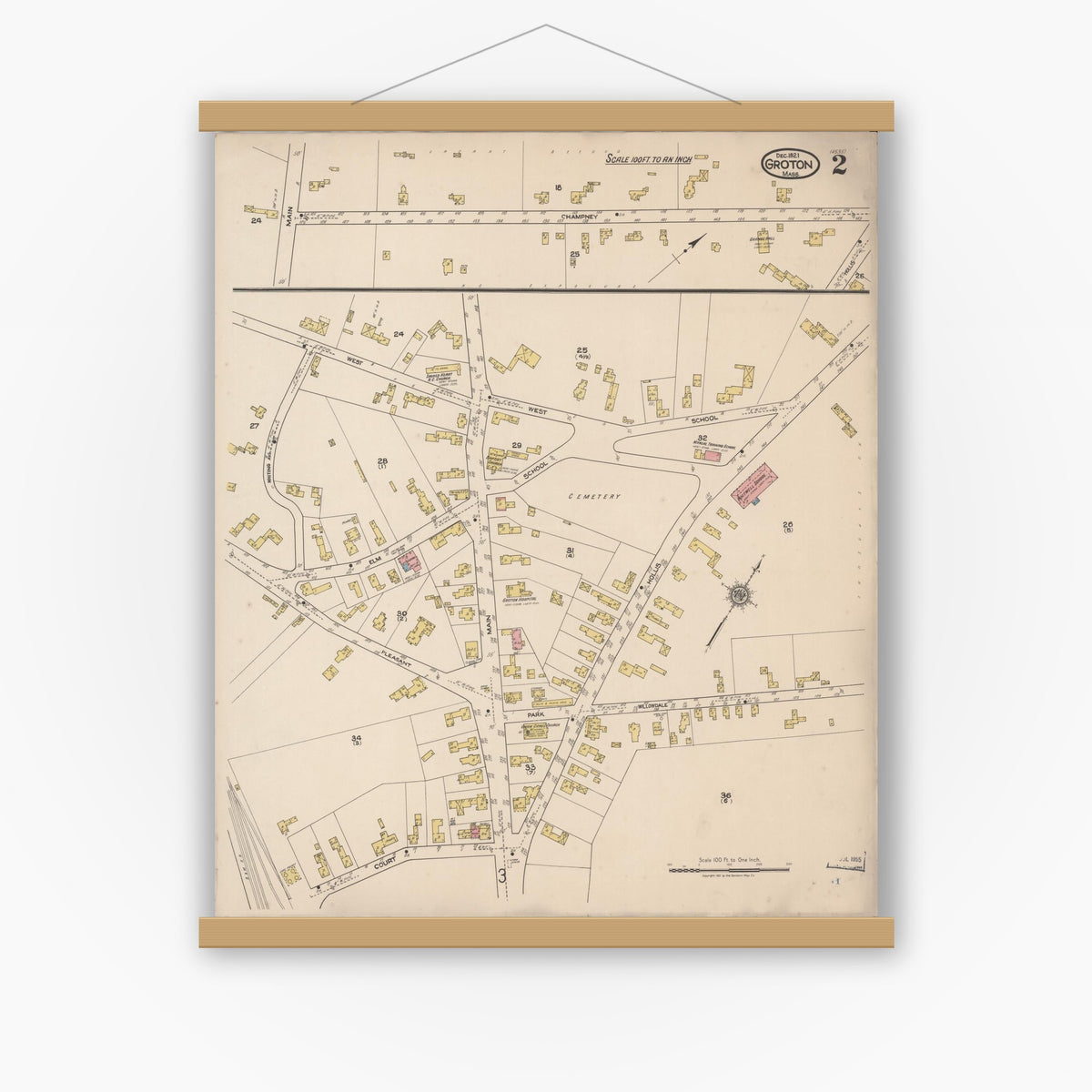 Old map wall art mockup — magnetic wood frame on white wall — Sanborn Fire Insurance Map from Groton, Middlesex County, Massachusetts (1921), Sheet #0002