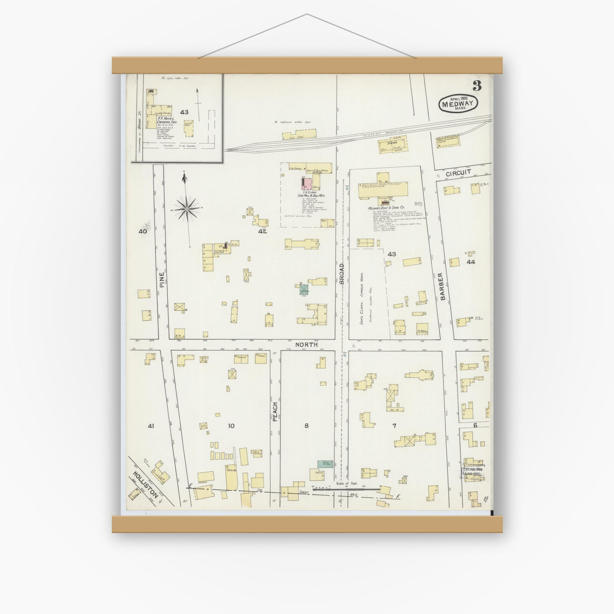 Old map wall art mockup — magnetic wood frame on white wall — Sanborn Fire Insurance Map from Medway, Norfolk County, Massachusetts (1892), Sheet #0003