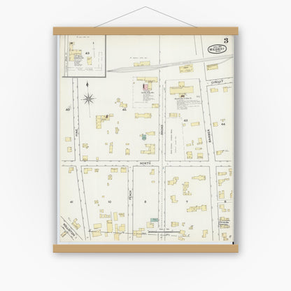 Old map wall art mockup — magnetic wood frame on white wall — Sanborn Fire Insurance Map from Medway, Norfolk County, Massachusetts (1892), Sheet #0003