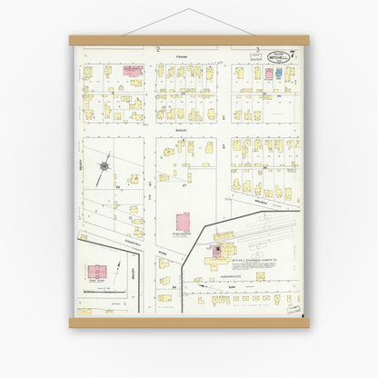 Old map wall art mockup — magnetic wood frame on white wall — Sanborn Fire Insurance Map from Mitchell, Lawrence County, Indiana (1909), Sheet #0007