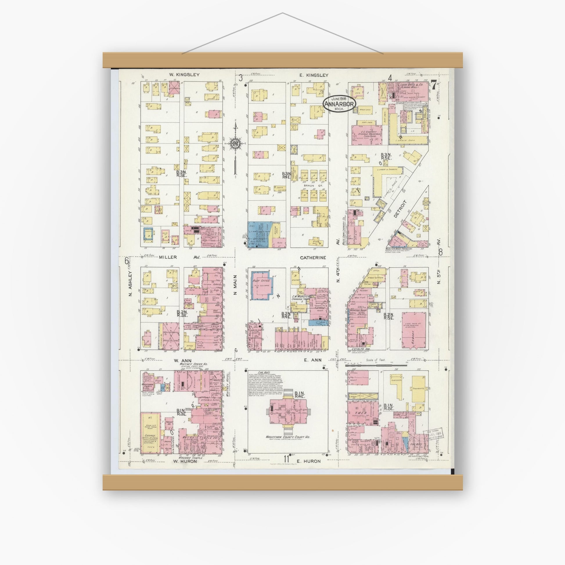 Old map wall art mockup — magnetic wood frame on white wall — Sanborn Fire Insurance Map from Ann Arbor, Washtenaw County, Michigan (1916), Sheet #0007
