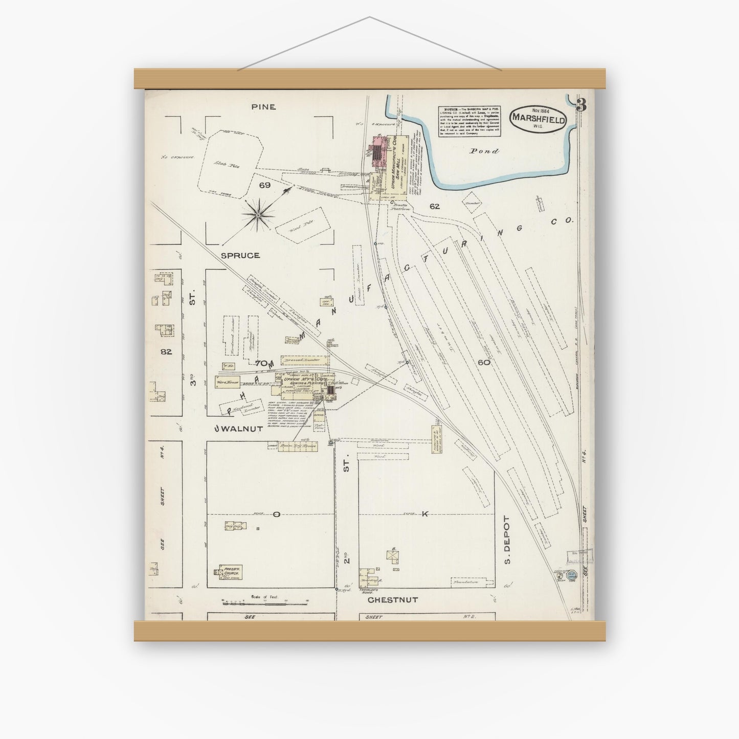 Old map wall art mockup — magnetic wood frame on white wall — Sanborn Fire Insurance Map from Marshfield, Wood County, Wisconsin (1884), Sheet #0003