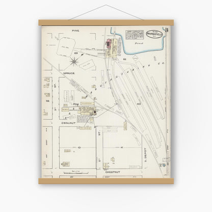 Old map wall art mockup — magnetic wood frame on white wall — Sanborn Fire Insurance Map from Marshfield, Wood County, Wisconsin (1884), Sheet #0003