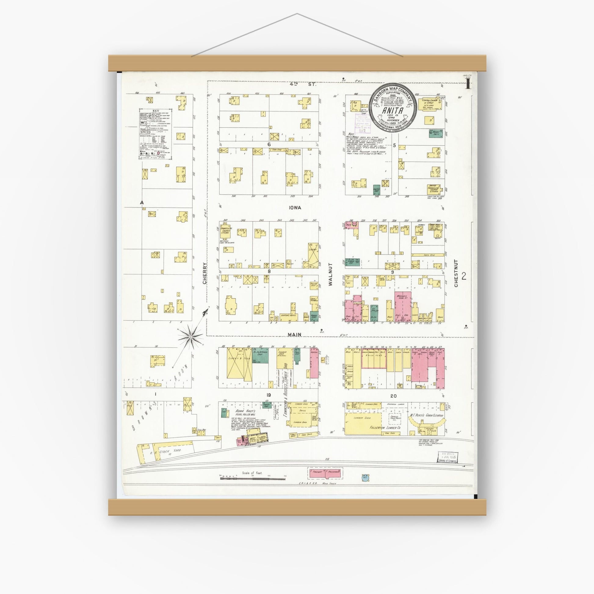 Old map wall art mockup — magnetic wood frame on white wall — Sanborn Fire Insurance Map from Anita, Cass County, Iowa (1901), Sheet #0001
